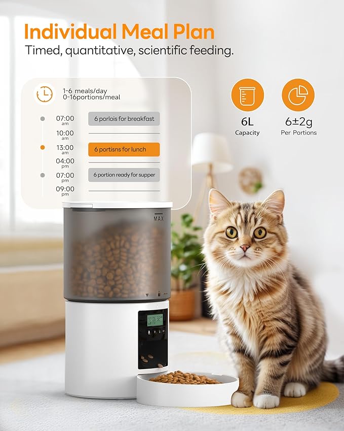 Automatic Cat Feeder Food Dispenser: 6L Timed Small Dog Dry Food Dispenser with 10s Voice - Distributeur Nourriture Chat Hund Programmable - Auto Pet Feeder with 1-6 Meals White