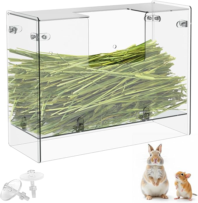 Acrylic Rabbit Hay Feeder with Lid, Transparent Hanging Food Dispenser Hay Feeder for Bunny Rabbits Guinea Pig Cage Chinchillas Hamsters Small Pets and Animals（Medium