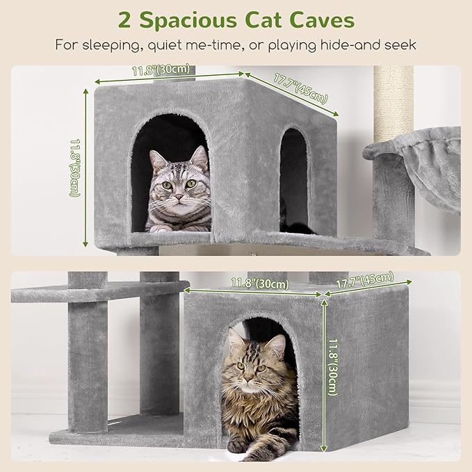 Globlazer Tall Cat Tower, 76 inch Multiple Level Cat Climbers for Indoor Cats, XL Cat Tree with 5 Scratching Posts, 2 Cat Condos, Hammock, 2 Hanging Baskets, F76B, Light Grey