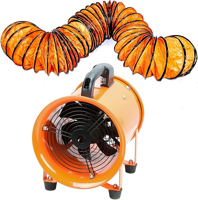 8-Inch High-Velocity Portable Utility Blower Fan, Industrial Exhaust Fan with 16.4ft Flexible Duct Hose, 3150 RPM Low-Noise Ventilator for Basements, Workshops, Warehouses, and Confined Spaces
