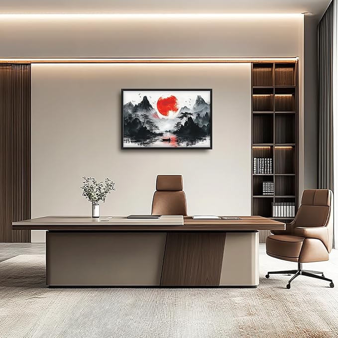 Framed Large Japanese Mountain Wall Art for Living Room, Oversized Asian Red Sun Lake Landscape Wall Decor Nature Canvas Painting Home Decoration for Living Room Bedroom Office 36"x24"