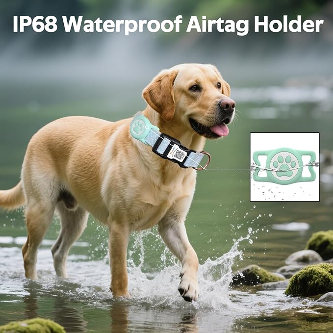 Dog Collar with Waterproof AirTag Holder & Anti-Lost QR Code, Cute Bling Warpping Adjustable Width for Small Medium Large Pet (Light Blue, M)