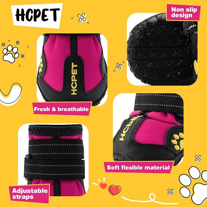 Hcpet Dog Shoes, Dog Boots for Large Dogs, Waterproof Dog Booties Paw Protector for Summer Hot Pavement, Winter Snowy Day, Outdoor Walking, Indoor Hardfloors Anti Slip Sole Pink Size 8