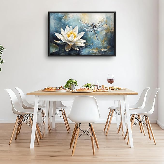 Extra Large Lotus Dragonfly Framed Wall Art for Living Room,Abstract Blue Lotus Flower Lake Pictures Wall Decor,Nature Canvas Print Painting Modern Artwork Bedroom Office Bathroom 36L" x 24W"