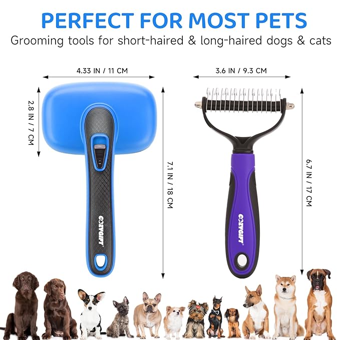 Dog Brush Kit – 3 PCS Grooming Set with Self-Cleaning Brush, Undercoat Rake & Pet Bath Brush. Great for Shedding, Tangles & Dirt Removal – Ideal for Long & Short Haired Dogs & Cats, Blue