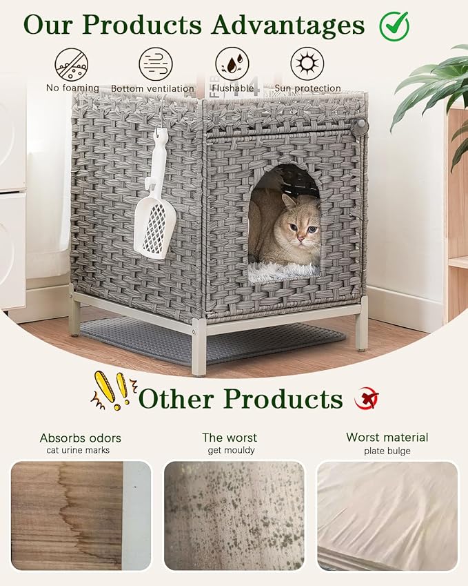 Cat Litter Box Enclosure Hidden Litter Box Furniture with Metal Heightened Feet, Rattan Handwoven Cat House with Litter Mat, Hidden Litter Box Furniture for Bedroom Living Room Gray