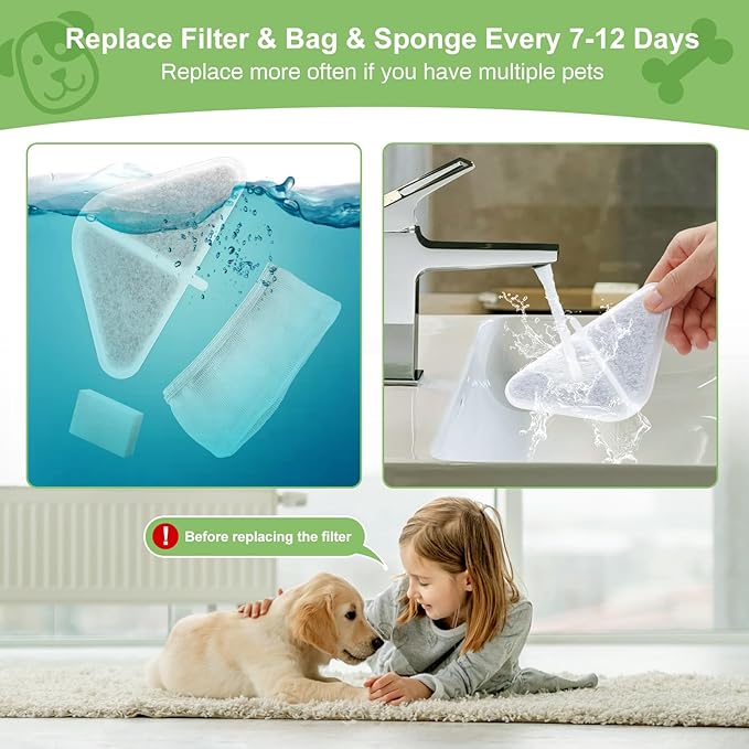 6 Sets of Replacement Filters for 230oz/7L Dog Water Fountain, GISOFIK Cat Water Fountain Filter, 5 Layers Filtration System Pet Fountain Filters Replacement (6 Filters+6 Mesh Bag+8 Sponge)