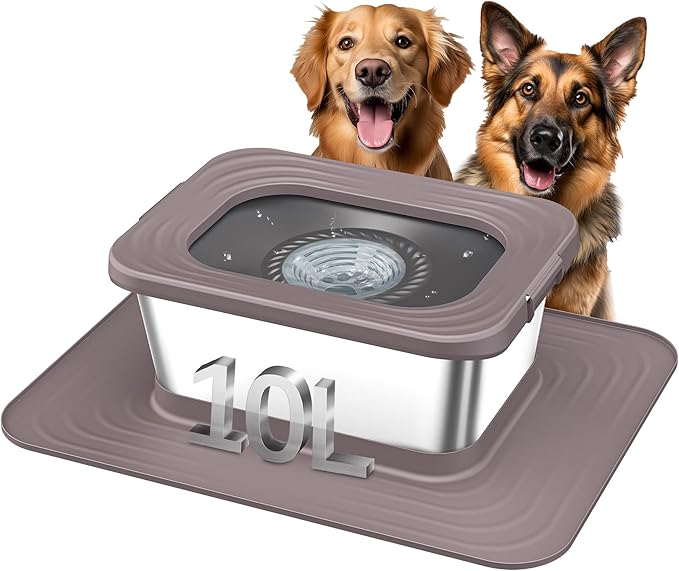 Decflow 10L Stainless Steel Dog Water Bowl, No Spill Anti-Splash Dog Bowls with XXL Silicone Mat, Spill-Proof Slow Feeder for Messy Drinkers, Heavy Duty Pet Bowls for Indoor/Outdoor Use