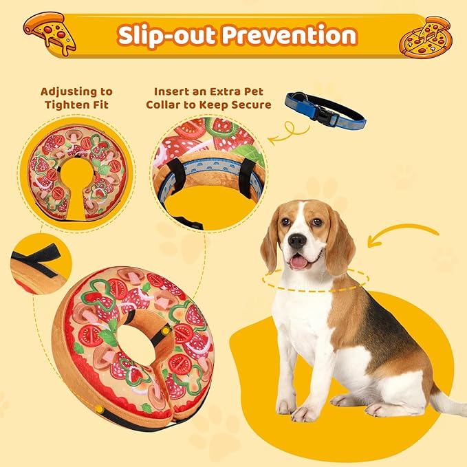 Grand Line Pizza Inflatable Collar for Dog and Cat, Soft Protective Recovery Cone After Surgery, Blow up Pet Donut Collar Cone, E-Collar Alternative Does not Block Vision (Cartoon, Medium)