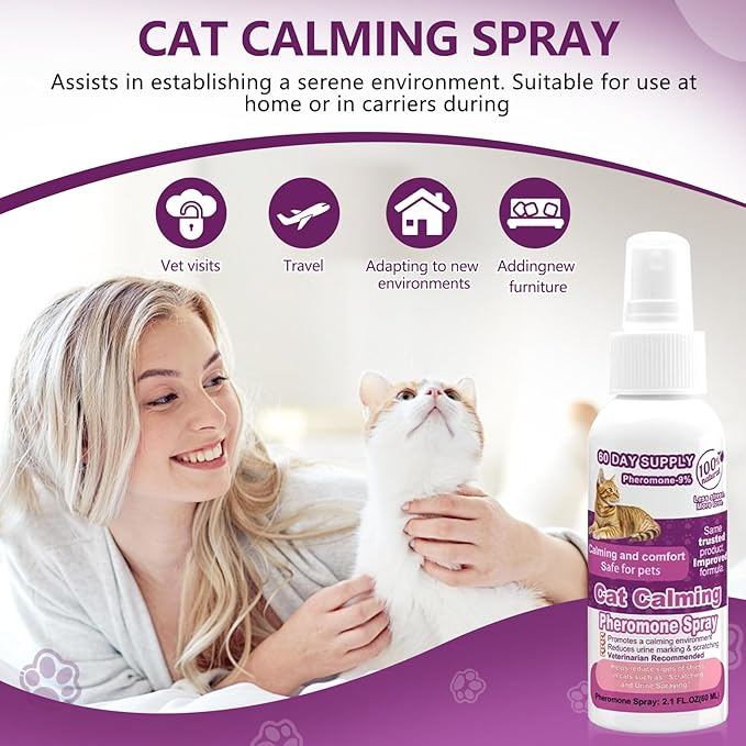 Cat Calming Pheromone Spray, Feline Calm Pheromones Spray- Anti Anxiety Pet Products, Cats Reduces Scratching Furniture Peeing Marking Calming Cat for Travel, Vet Visits - 60 Day Kit (2 * 60 mL)
