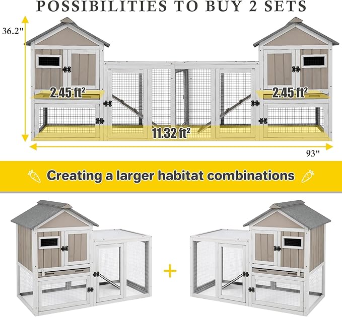 47''L Rabbit Hutch Outdoor Chicken Coop with Run, Wooden Indoor 2 Story Bunny House with Waterproof Roof, Pull Out Tray, Guinea Pig Rabbit Duck Cage for Small to Medium Animals and Pet Lover, Gray