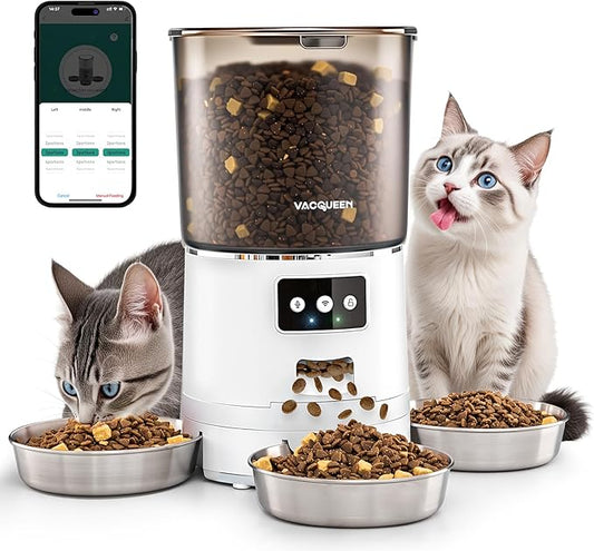 Automatic Cat Feeder for 3 Cats, 6L/25 Cups Smart WiFi Pet Feeder, Strong Anti-Jam System, Dual-Effect Desiccant Cat Food Dispenser, with 10S Voice Recorder for Cats and Small Dog(White)