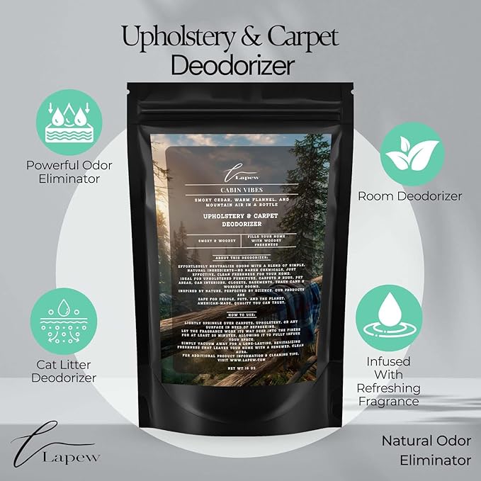 Cabin Vibes Carpet Freshener Powder: Powerful Odor Eliminator for Home, Upholstery Deodorizer, Carpet Deodorizer, Pet Urine, Cat Litter Box - Autumn Woods Fragrance