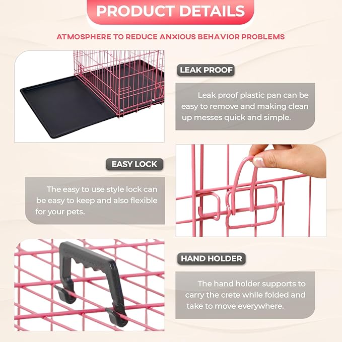 FDW Dog Crate for Large Dogs 48 Inch Folding Metal WirePet Cage Double Door W/Divider Panel Indoor Outdoor Kennel Leak-Proof Plastic Tray,Pink