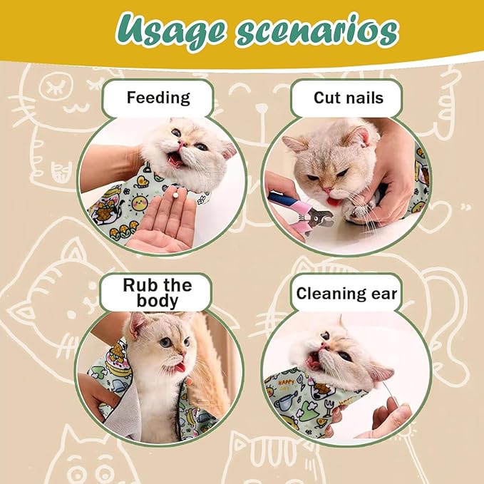 Cat Wrap for Cutting Nails and Grooming(27"x27"),Cat Restraint Wrap for Nail Clipping, Self-Adhesive Fabric Cat Swaddle Burrito Wrap for Nail Trimming (Cow Style)