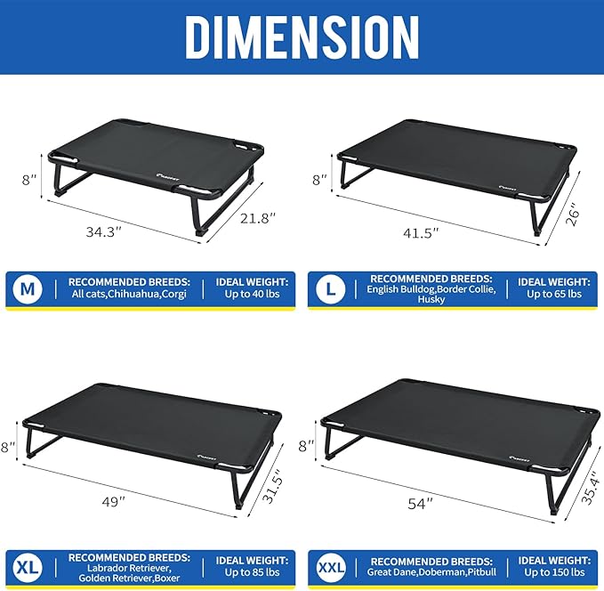 Cooling Elevated Dog Bed, Raised Outdoor Dog Bed Waterproof Pet Beds Cots Stable and Easy Assembly, Teslin Fabric with 1.2mm Thick Iron Frame, Breathable, Ultra-Sturdy，Black,32 * 25.2 * 7.1
