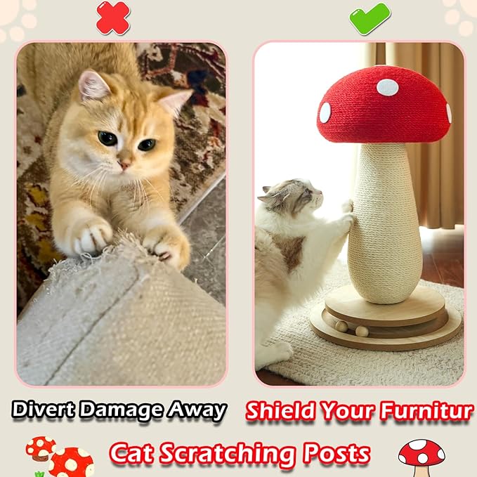 Cat Scratching Post Mushroom Cat Tree with Natural Sisal, Weighted Base & Interactive Ball - for Kittens to Adult Cats - Perfect for Indoor Cats (Red, Large 21 in, 7)