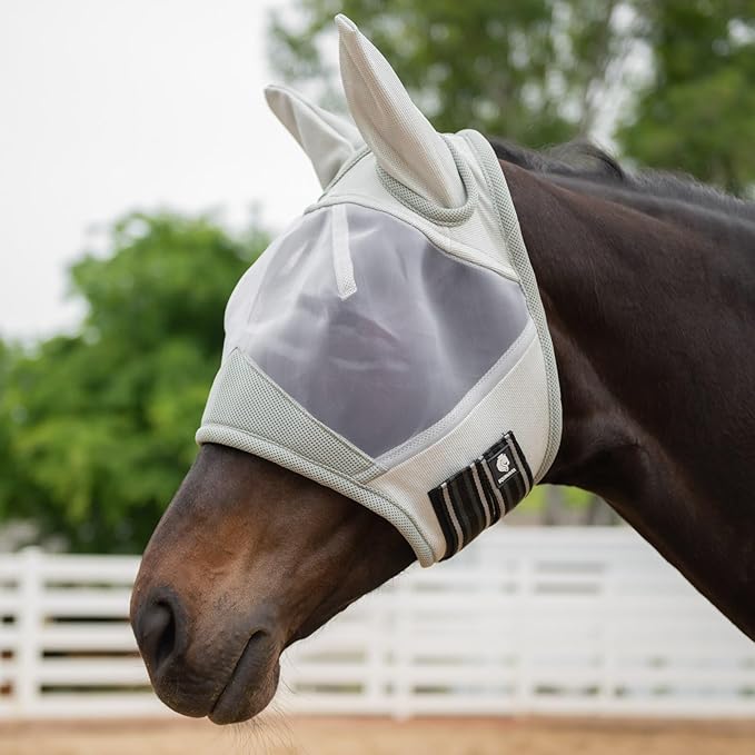 Equinavia Algard Soft Mesh Horse Fly Mask with Ear Protection and 45 UPF Rating | No Eye Irritation & UV Protection - Silver - Cob