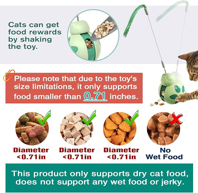 Cat Treat Interactive Toy, Indoor Puzzle Slow Feeding Mental Stimulation Sliding Rolling Cat Toy Ball with Cat Teaser, Cat Treat Dispenser Toy for Large, Medium and Small Cats (Green, ladybug)