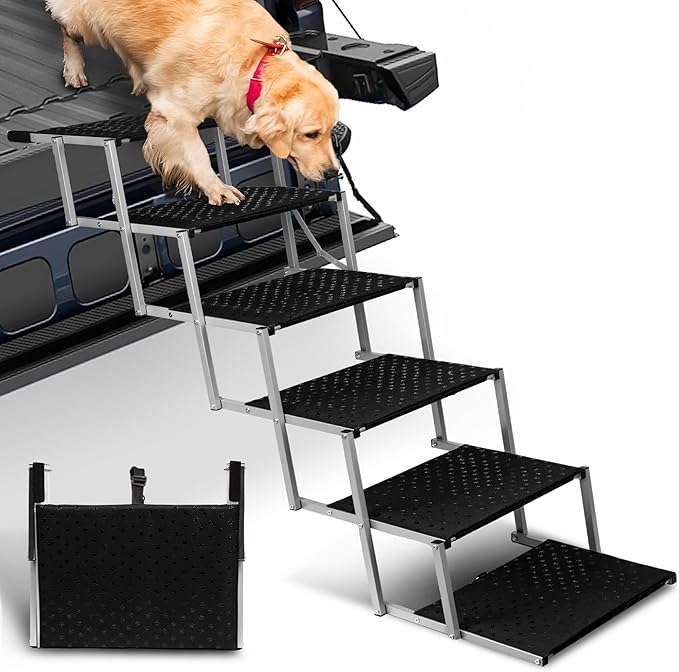 Niubya Dog Ramps for Cars, Portable Folding Dog Stairs for Cars, SUV, Trucks, Lightweight Pet Ramp for Large Dogs with Non-Slip Surface, Reinforced Pet Steps Supports Up to 200 lb, 6 Steps