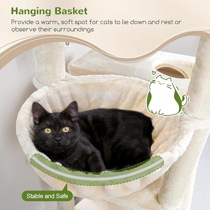 Globlazer Cat Tree Tower, 76-Inch Extra Tall Multi-Level Cat Furniture with Cozy Condos, Hammock and Perches for Adult Cats, Perfect for Climbing, Scratching, and Play, F76, Beige