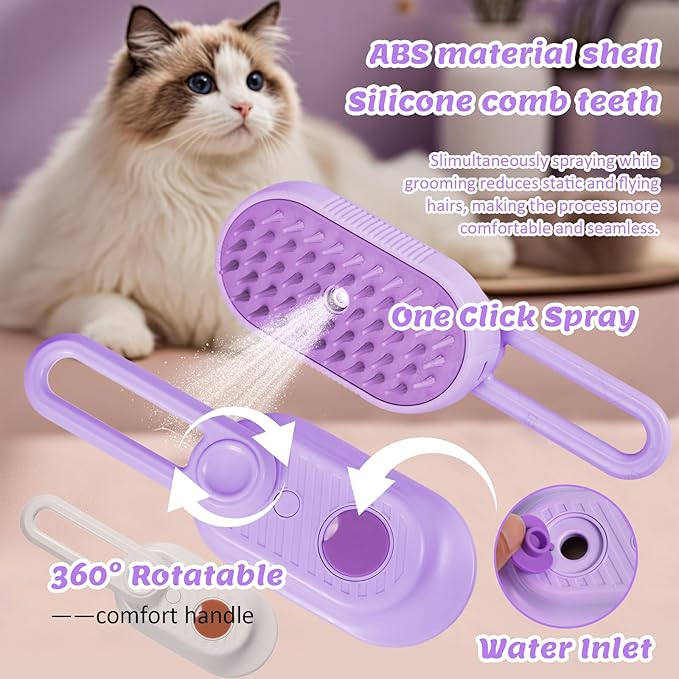 4 in 1 Cat & Dog Steam Brush for Long/Short Hair Shedding - Rechargeable Pet Grooming Brush with Anti-Static Steam Spray, Foldable Handle & Dual Massage Modes for Home Pet Spa Cleaning