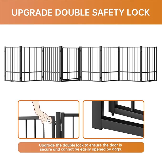 Full Metal Freestanding Dog Gate with Door, 32''Height Foldable Pet Dog Fence for Indoor & Outdoor, 8 Panels Extra Wide Free Standing TallDog Gates for Doorways,House,Stairs,Porch,Deck,Yard