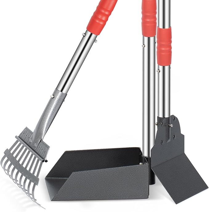 Heeyoo Dog Pooper Scooper, Dog Poop Tray and Rake Set, Pet Waste Removal Scoop with Long Adjustable Sectional Stainless Handles