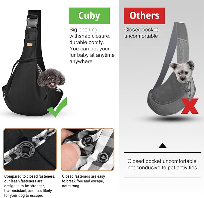 CUBY Dog and Cat Sling Carrier, Hand-Free Dog Carrier Slings with Adjustable Straps Pocker, Puppy Slings Carrier for Small Dogs Cats Outdoor Travel Bag(Black, M-Adjustable Strap)