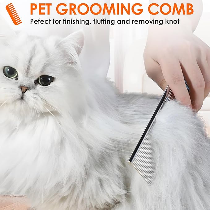 Dog Comb to Remove Tangles and Knots, Cat Comb with Stainless Steel Teeth and Non-Slip Handle, Dog combs for grooming matting for Long Haired Pets (Large & Small)