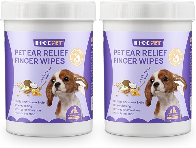 HICC PET Dog Ear Wipes Finger 100 Count Dog Ear Cleaner Wipes for Dogs & Cats, Dog Ear Infection Treatment to Relieve Ear Itching & Inflammation, Remove Ear Wax, Dirt, Smelly - Honey Scent