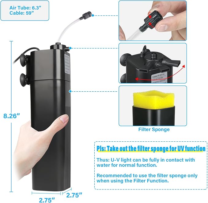 Aquarium U-V Filter for 40-75 Gal, 211 GPH Swirl Turbo Design Submersible Internal Turtle Fish Tank Filter w/Timer, Quiet Power Pump Air Supply Green Clean Machine Saltwater Freshwater Green Killing