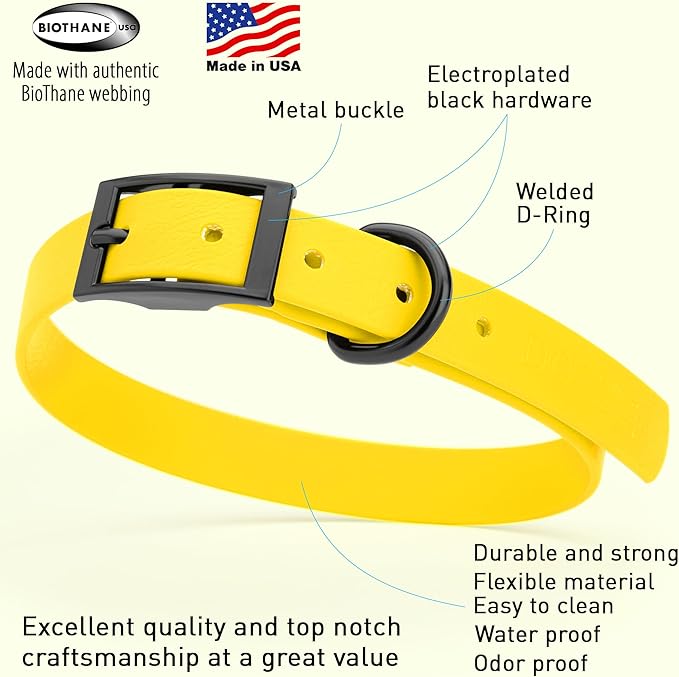 Dogline Biothane Waterproof Dog Collar Strong Coated Nylon Webbing with Black Hardware Odor- Proof for Easy Care Easy to Clean High Performance Fits Small Medium or Large Dogs, Lemon Yellow