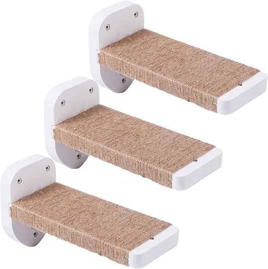3-in-1 Cat Wall Steps with Hemp Rope, Solid Wood Cat Ladder for Climbing and Playing (Large-White)