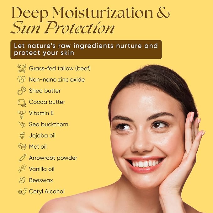 Beef Tallow Sunscreen Organic with Non Nano Zinc Oxide Formula for Daily Protection, 4oz Reef Safe Sunblock, SPF 30 All Natural Chemical Free Sunscreen, Made in USA, Natural Organic Sunblock for Skin