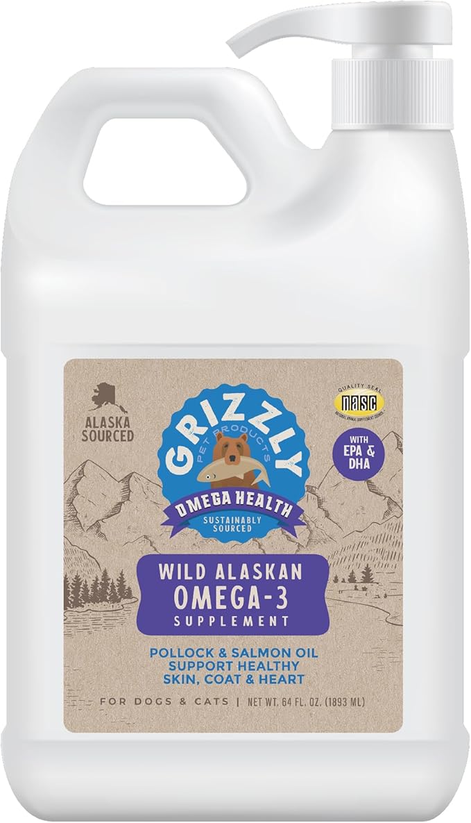 Grizzly Pet Products Omega Health Liquid Omega-3 Supplement for Dogs and Cats, 64 Ounce Jug