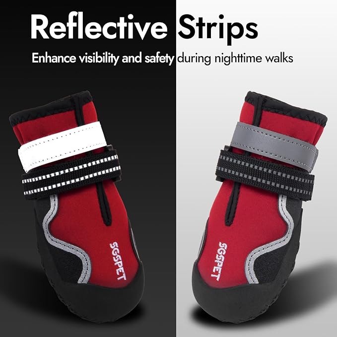 Dog Shoes, Waterproof Dog Boots & Paw Protectors with Anti-Slip Sole, 4pcs/Set Pet Dog Booties, Reflective Dog Shoes for Small Medium Large, Winter Snowy Summer Hot Pavement (Red, 5# (M))