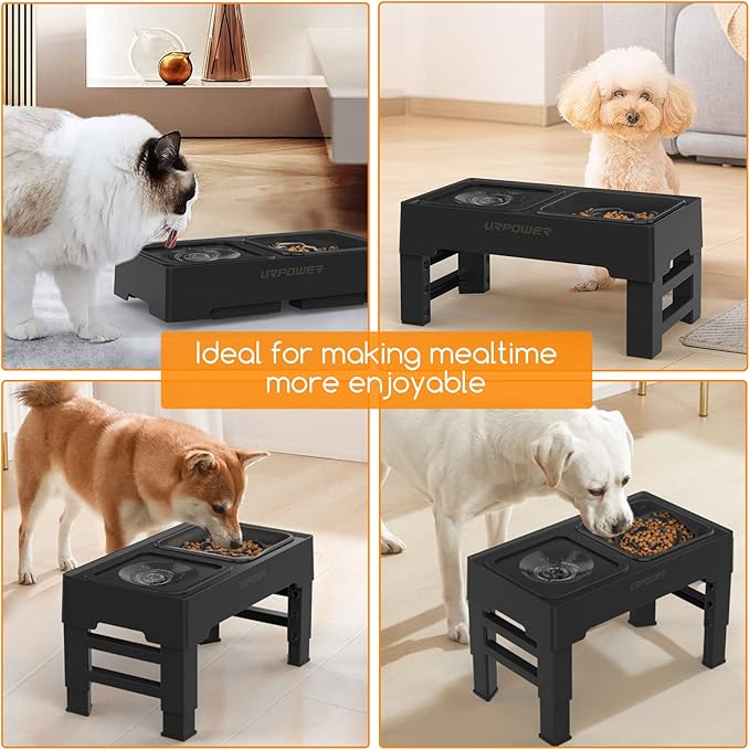 URPOWER 2-in-1 Elevated Slow Feeder Dog Bowls with No Spill Dog Water Bowl 4 Height Adjustable Raised Dog Bowl Non-Slip Dog Food and Water Bowls with Stand for Small Medium Large Dogs, Cats and Pets