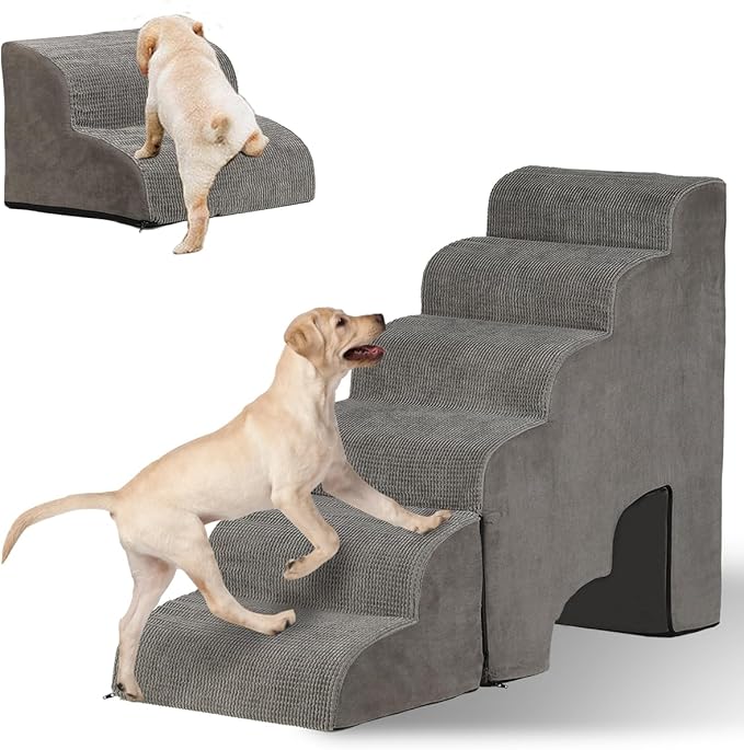 Dog Stairs for High Beds 25-30 inches Tall, 6-Step Dog Steps for High Bed for Doggies/Kitties, 30D Foam Pet Stairs Steps for Small Dogs, Dog Ramp/Ladder for Old Dogs/Cats, Grey