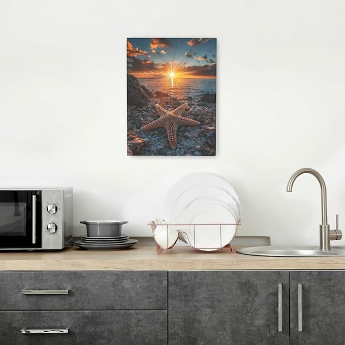 Beach Starfish Wall Decor Ocean Starfish Wall Art Sunset Scenery Coastal Theme Pictures Canvas Nature Seascape Painting Print Framed Artwork Decorations for Home Bathroom Living Room Bedroom Office 12"x16"
