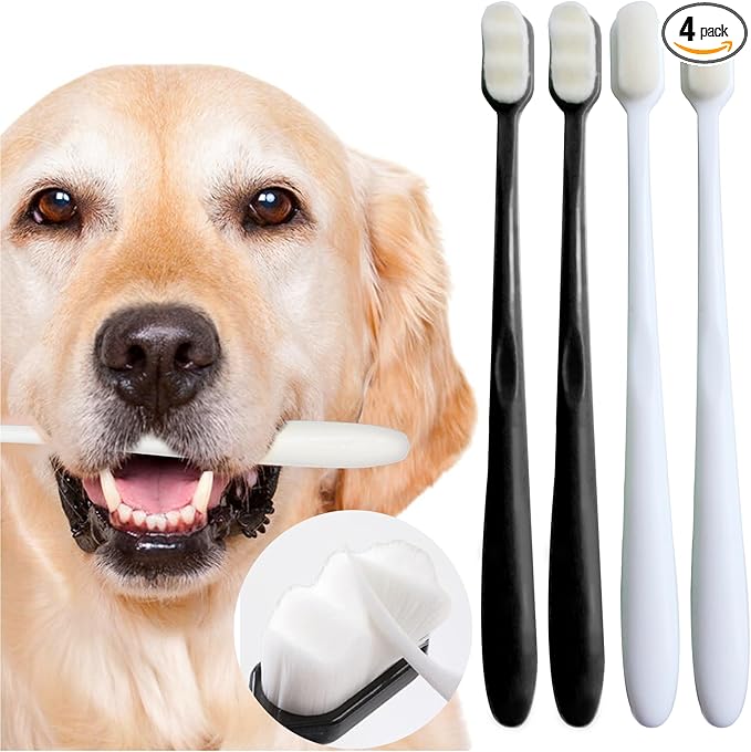 Dog Toothbrush Kit 4 Pack, 10,000 Ultra-Soft Bristles, Dog Tooth Brush for Medium to Large Dogs & Cats, Pet Tooth Brushing Kit for Easy Dental Cleaning, 2 Black Wave Head & 2 White Flat Head