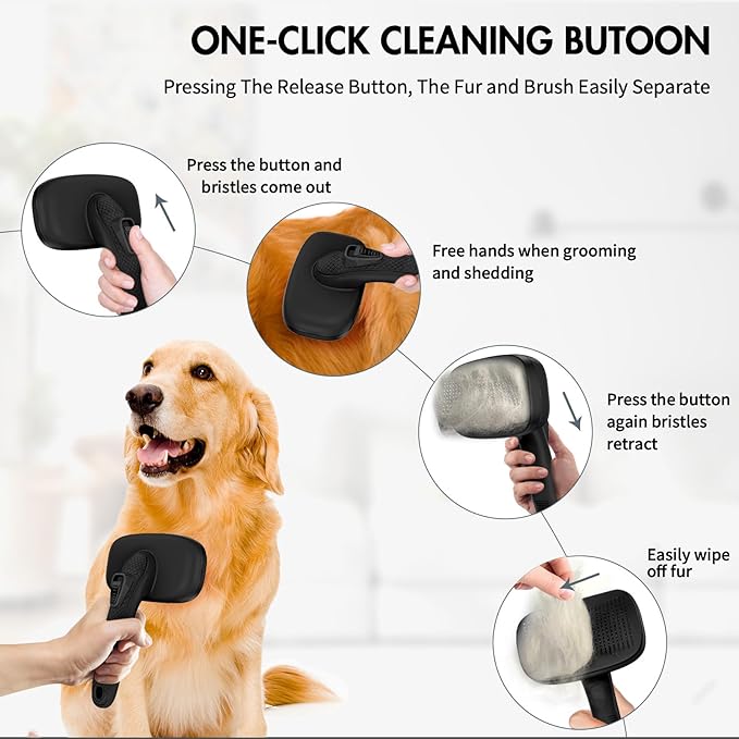 Dog Brush Kit - Self-Cleaning Slicker Brush with Bath Brush & Undercoat Rake | Deshedding Tools for Large - Small Dogs & Cats, Professional 3-in-1 Pet Grooming Set for Heavy Shedding, Black