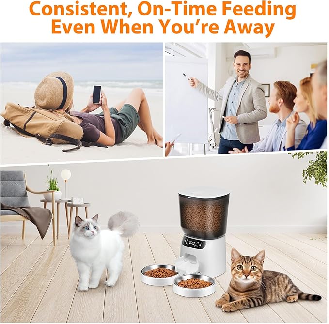 Automatic Cat Feeders for Two Cats, 5L/20 Cups Double Automatic Cat Food Dispenser with 2 Stainless Bowls, Timer Setting 20 Portions 6 Meals Per Day, 10s Meal Call, Pet Feeder for Dog (White)