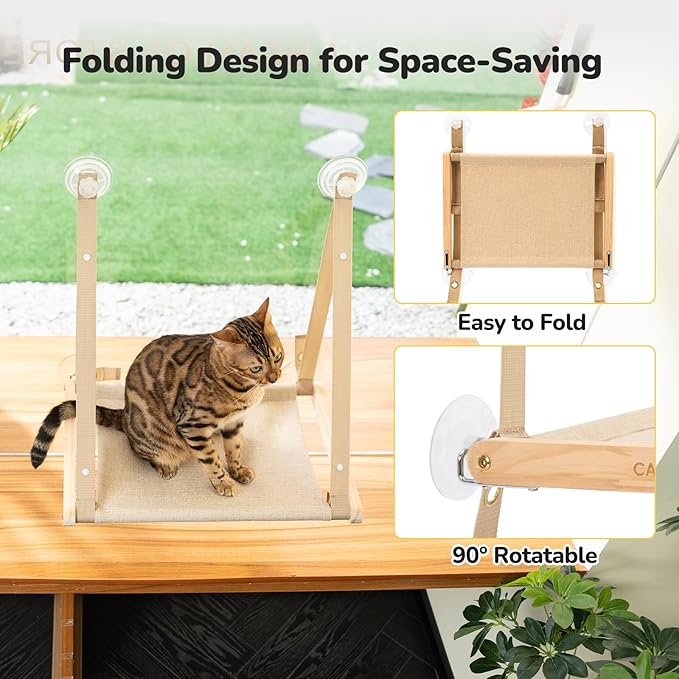 CATISM Cat Window Perch - Foldable Cat Hammock for Window, Soft Seat Machine Washable, Solid Wood Frame, 4 Suction Cups, Cats Window Hammock Load Weight Up to 40lbs