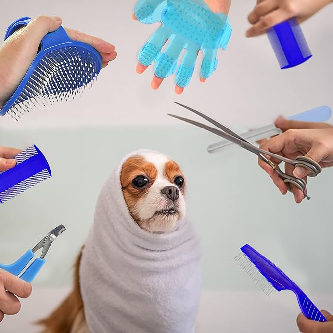 7-Piece Small Pet Grooming Kit with Brush, Nail Clippers, and Adjustable Strap for Rabbits, Hamsters, Guinea Pigs (Blue)