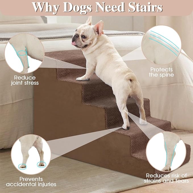 GGIB Dog Stairs for Small Dogs Cats Non-Slip Dog Steps for High Bed Pet Stairs for Sofa Couch Pet Ramp Pet Steps with Removable Washable Cover, Brown, 22" H, 5-Step