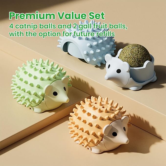 6 Pcs Catnip Ball Toys with Rubbing Shell, Lickable Roller Catnip Toys for Cats Chew, Edible and Refillable Kitten Toys, Teeth Cleaning Dental Indoor Cat Treats Toys, 3 Shells 6 Balls