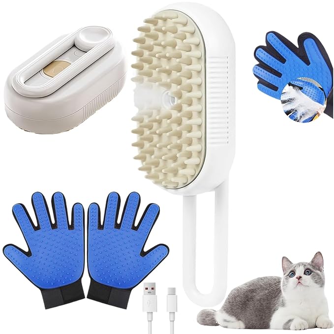 CealumVita Deshedding Glove and Cat Steam Brush Set, Pet Hair Removal Tool with Massage for Dogs and Cats Grooming (Beige spray cmb+gloves-1pair)