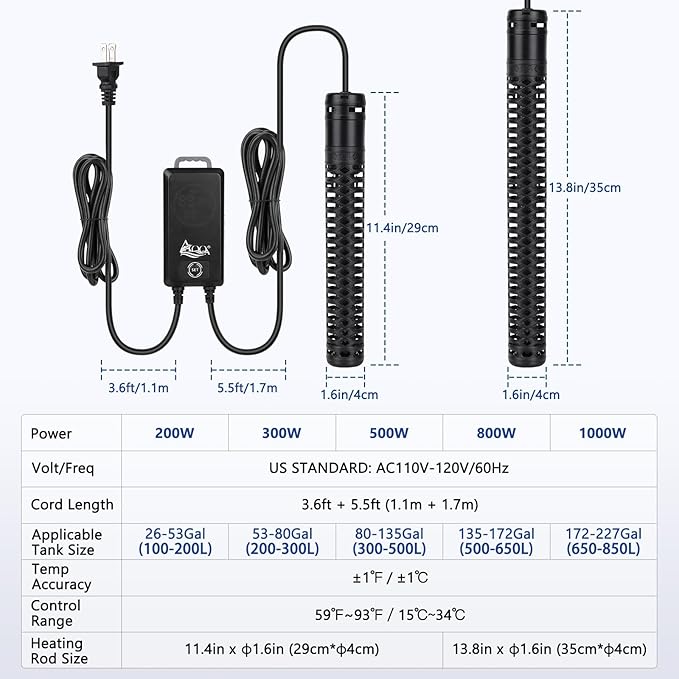 AQQA Aquarium Heater,Submersible Fish Tank Heater 59-93°F/15-34°C External Controller,Rapid Heating,Ultra-high Temperature Protection,Automatic Power-Off When Leaving Water (200W for 26-53 Gallon)