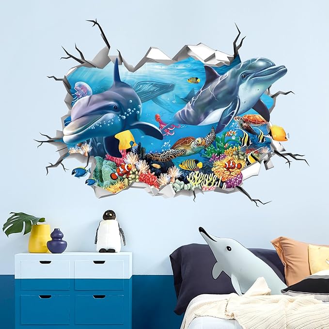 decalmile 3D Under The Sea Dolphin Fish Wall Decals Ocean Turtle Seaweed Broken Wall Stickers Boys Bedroom Living Room Bathroom Wall Decor